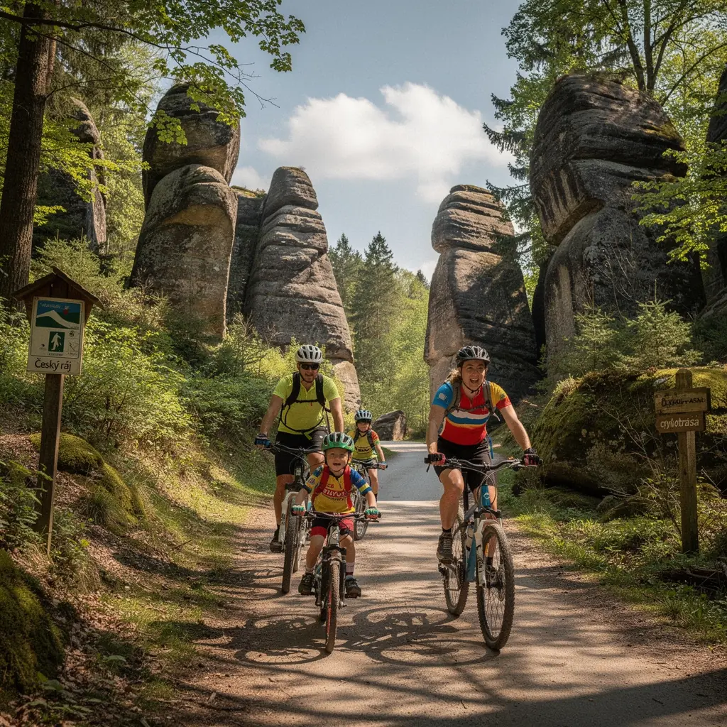 Malebná historická ulička v centru českého města s barevnými domy a kvetoucími okny.